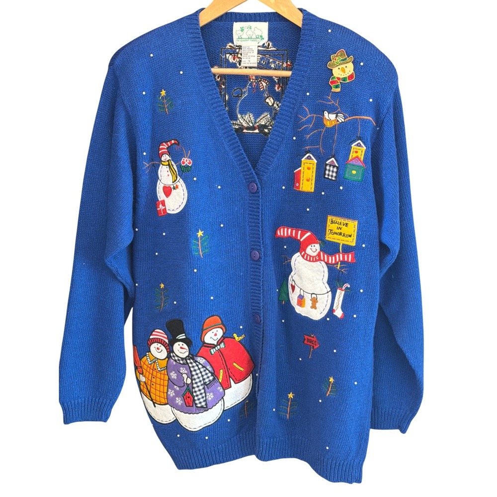 Vintage 90s Quacker Factory Snowman Cardigan Grandmacore Kitschy Festive Cozy